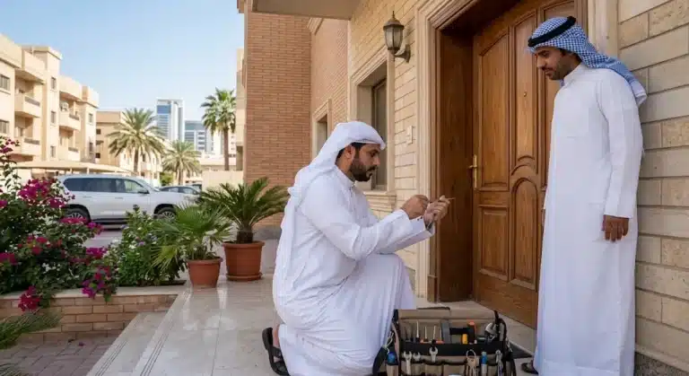 فني محترف يقوم بأعمال فتح وصيانة أقفال الأبواب بدقة وأمان باستخدام أحدث الأجهزة والمعدات الدقيقة ضمن خدمات فتح أقفال الجهراء لضمان سرعة الإنجاز وراحة العملاء.