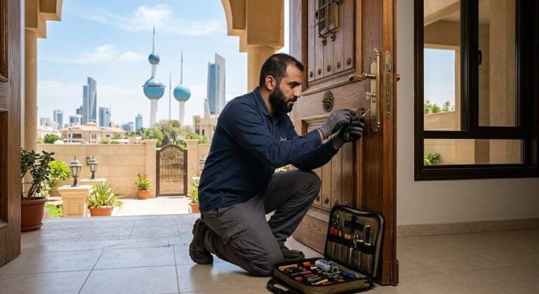 فني أقفال ومفاتيح محترف يقوم بفتح وصيانة الأقفال بدقة وأمان تام ضمن خدمات فتح اقفال الروضة بالكويت لضمان السرعة والموثوقية وراحة العملاء.