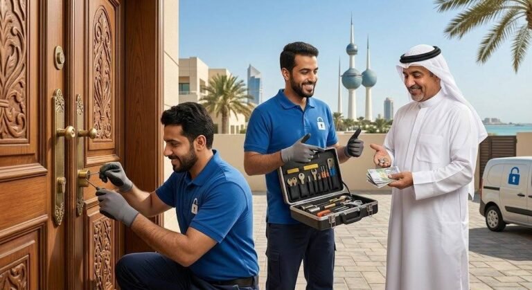 فني محترف يقوم بفتح الأقفال وصيانة الأبواب بدقة وإتقان وأمان تام باستخدام أحدث المعدات ضمن خدمات فتح اقفال أبو فطيرة بالكويت لضمان الحماية وراحة العملاء.