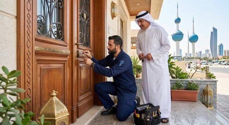 فني محترف يقوم بأعمال فتح أقفال الأبواب بدقة وأمان باستخدام أحدث المعدات والأدوات المتطورة ضمن خدمات فتح أقفال الدسمة بالكويت لضمان سرعة الاستجابة والمحافظة على الأبواب بدون أي أضرار.